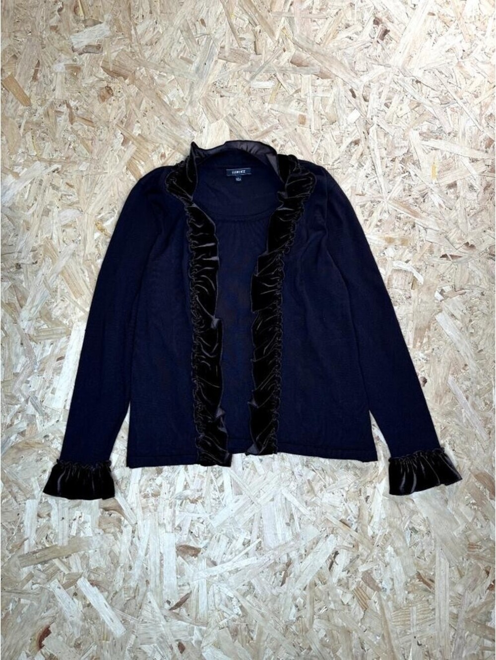 Elementz Women Cardigan Sweater Size L Dark Brown Velvet Ruffle Trim Open Front
